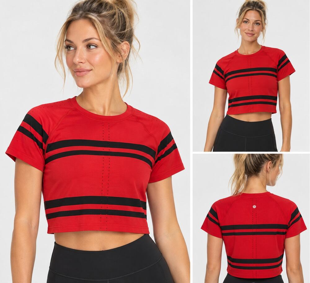 Lululemon Size 10 Red Black Striped Cropped Short Sleeve Athletic Top